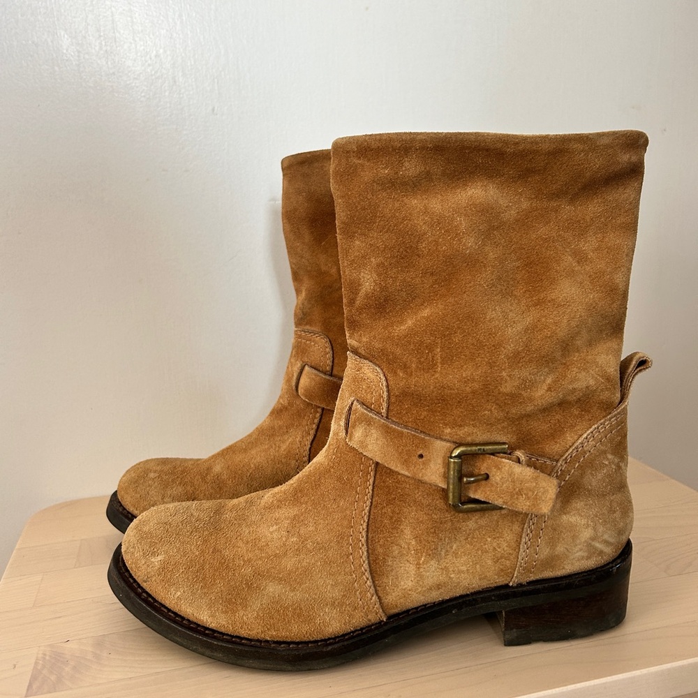 RALPH LAUREN COLLECTION Suede Moto Boots Size 7 Brown Tan Western Farm Country